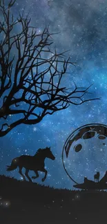 Silhouette of tree and horse under a starlit blue sky.