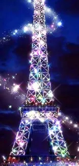 Eiffel Tower glittering under night sky with stars.