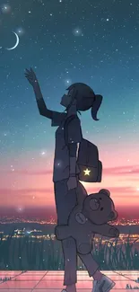 Anime character silhouetted against a starry evening sky with a crescent moon.