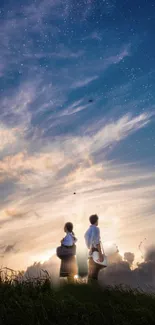 Couple standing in sunset field with a beautiful sky.