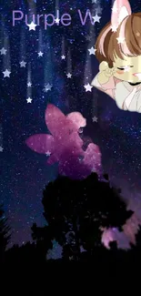 Cute anime and fairy on starry purple night wallpaper.