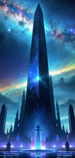 Fantasy tower under a vibrant, starry sky in this stunning mobile wallpaper.