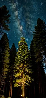 Starlit forest with illuminated trees under a dark blue sky.