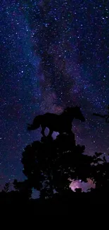 Horse silhouette against starlit galaxy sky in mobile wallpaper.