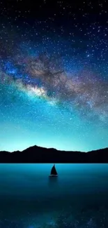 Starlit night sky with a sailboat on a serene lake wallpaper.