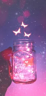 Hand holding a glowing jar under a cosmic starlit sky.