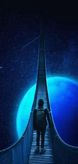 Traveler on bridge to a blue planet under a starry sky, cosmic theme wallpaper.