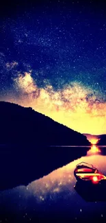 Serene lake under a starry night sky with a boat in the foreground.