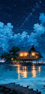 Starlit lake with a cozy hut and starry sky.