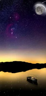 Starry night over tranquil lake with moon and boat.