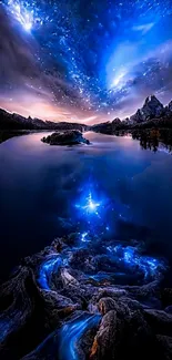 Starry night over a reflective lake, illuminating the scene.