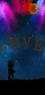 Couple silhouette under starry sky with LOVE text.