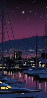 Marina at dusk with sailboats and stars in a purple sky.