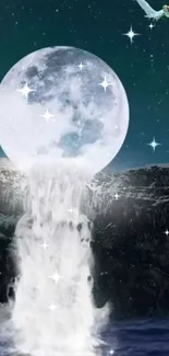 Celestial scene with moon waterfall and shimmering stars at night.