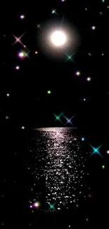 Moonlit night sky with stars and ocean reflection wallpaper.