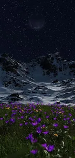 Nighttime mountain scene with stars and purple flowers in foreground.