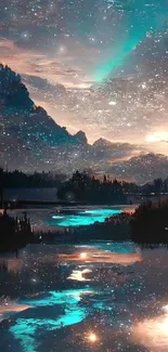 Stunning starlit mountain lake with shimmering reflections.