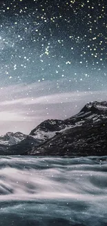 Starlit mountain landscape with river and night sky.