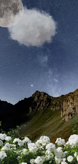 Mountain landscape under a moonlit night sky with stars and flowers.