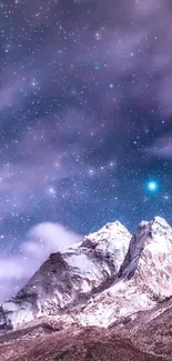 Mountain landscape under starry night sky with purple hues.