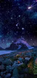 Starlit mountain landscape with glowing stars.