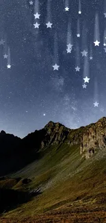 Starry night sky over a mountain landscape with visible Milky Way.