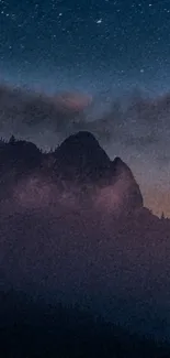 Starlit night over misty mountains with a serene and tranquil ambiance.