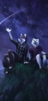 Anthro companions under a starry night sky, gazing at a shooting star.