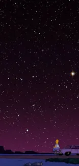 Car under a starlit sky by a lake.