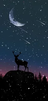 Deer silhouette under a starry night sky with crescent moon.