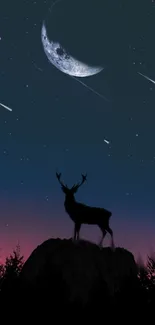 Deer silhouette in starry night sky with crescent moon and shooting stars.