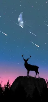 Silhouette of a deer under a starry night sky with shooting stars and moon.