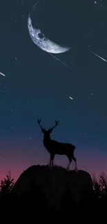 Deer silhouette under starry sky with crescent moon.