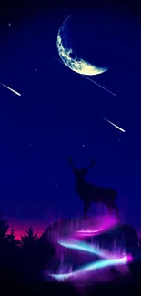 Deer silhouette on a night sky with moon and aurora.