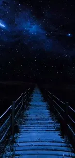 Starry night sky over a wooden path under a dark blue cosmos.