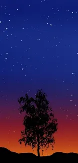 Silhouette of a tree against a starlit night sky in vibrant colors.