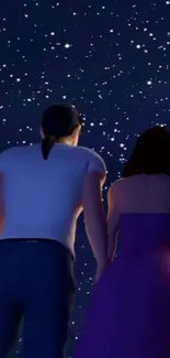 Couple under a starry night sky, in silhouette.