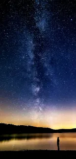 A stunning night sky with Milky Way over a reflective lake.