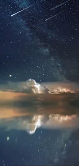 Starry sky and clouds reflected on calm water at night.