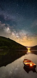 Starlit night sky with a boat on a calm reflective lake surrounded by hills.