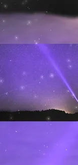 Purple night sky with stars and a silhouetted figure holding a light beam.