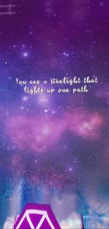 Starlit night sky with cosmic purple hues and inspirational quote.