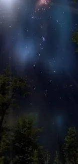 Dark blue night sky with stars and forest silhouettes, perfect for mobile wallpaper.