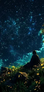 Dark blue night sky with stars and a contemplating figure.