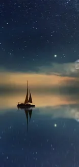 Sailboat on calm water under a starlit night sky with reflections.