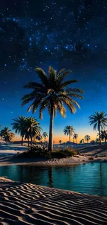 Oasis under a starry night sky with palm trees reflecting on the water.