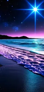 Starlit beach with waves under a night sky.