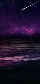 Starry night sky above a tranquil ocean with a purple hue.