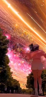 Person walking under a vivid cosmic night sky with stars.