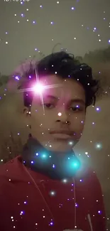 Young person in a starlit scene with cosmic effects.